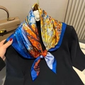 Elegant vintage oil painting silk scarf draped over black knitwear with leather handbag - Autumn Leaf Oil Painting