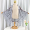 Elegant light grey lace shawl with floral pattern and fringe tassels for women - 180cm / Gray