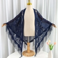 Elegant navy blue floral lace triangle scarf shawl with long decorative fringe tassels - 180cm / Navy Blue