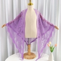 Elegant purple lace triangle scarf featuring floral patterns and long fringe tassels - 180cm / Purple