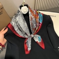 Silk-like fashion scarf with vintage black and white botanical prints and red borders - Back to Nature-Red