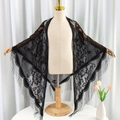 Classic black floral lace triangle scarf with polyester tassels and hollowed-out patterns - 180cm / Black