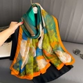 Gran chal de seda sintética con estampado floral verde y naranja, ideal para la playa - Rectangular (135*185cm) / Pintura al Óleo Verde