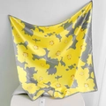 Detail of elegant square silk scarf featuring yellow floral patterns on gray silk fabric - 90*90cm / Yellow (90FJ081-3)