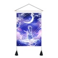Anime girl looking at crescent moon tapestry with wooden scroll and black tassels - 35x50cm / Girl Looking Up Under the Moon (Style 3)