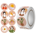 Rollo de 500 pegatinas redondas de dibujos animados en tonos Morandi con diseños de chicas - Estilo Niña de Dibujos Animados y Planta (C20) / 25mm/500 Pegatinas