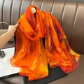 Elegant large orange floral print silk scarf for beach travel and fashion styling - Rectangle Style / Orange Red
