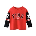 Boys red long sleeve T-shirt with striped sleeves and FIND graphic print on cotton - 90cm / Rust Red/Black
