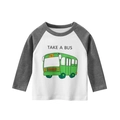 Kinder T-shirt met lange mouwen, raglanstijl en groene cartoon busprint van katoen - 90cm / Off-white/Houtskoolgrijs (Bus)