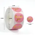 Detail of pink and gold thank you stickers showing roll dimensions and 25mm diameter - Pink Gold Foil Thank You Style (C209) / 25mm/500 Stickers