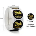 Detail showing dimensions of round black and gold foil thank you business stickers - Black Heart Support Small Business Style (C211) / 25mm/500 Stickers