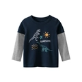 Boys long sleeve dinosaur tee with navy blue faux-layered sleeves and roarsome print - 90cm / Royal Blue