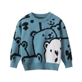 Classic blue knit sweater for boys featuring a cartoon bear jacquard pattern and ribbed cuffs - 120cm / Blue