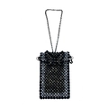 Detail of hand-woven black beaded phone bag with metallic chain and checkered texture - Black
