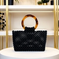 Bolso de mano cuadrado de cuentas negras con asa redonda de carey sintético - Negro