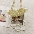 Elegant ivory handmade beaded faux pearl handbag with crescent shape and detachable chain - White