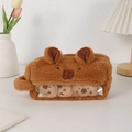 Détail de la trousse capybara en peluche avec fenêtre transparente et mini poupées - Style Visage Carré