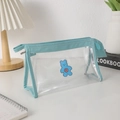 Clear PVC stationery bag with light blue leather trim and cute cartoon bear pattern - Blue