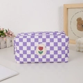 Paars geruite canvas make-uptas met tulp-borduurwerk voor reisartikelen opslag - Paarse Tulp