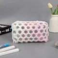 Detail of soft pink gradient plush pouch with silver snowflake print and zipper closure - Pink White Gradient Snowflake