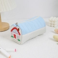 Quilted blue house pencil case with embroidery and silver zipper on white desk - Blue House