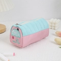 Detailed embroidery of a house on a pink and blue quilted pencil case with zipper - Pink House