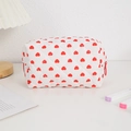 Detail van witte gewatteerde make-uptas met rode hartjes en een ritssluiting - Wit