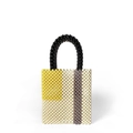 Handmade beaded handbag with yellow, white and purple color blocks and black handles - Multicolor