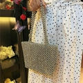 Silver beaded square tote bag with shiny metallic beads and elegant slim handles - Silver