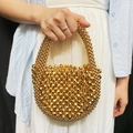 Elegant gold beaded handbag with semi-circular woven design for evening party use - Gold