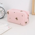 Pink corduroy makeup bag detail with bear embroidery and heart patterns on a desk - Bear (Pink)