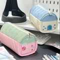 Quilted cotton pencil case in pink and beige house shapes with large zipper capacity - Classic Blue