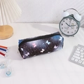 Detail of blue quilted pencil case with bow patterns and smooth black zipper closure - Black