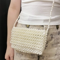 Chic handmade white pearl beaded crossbody bag for women in a rectangular box shape - White