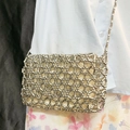 Silver metallic woven beaded crossbody bag with hollow grid pattern and chain strap - Silver