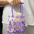 Handmade purple beaded tote bag with a cream satin drawstring inner pouch - Purple