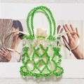 Handmade woven beaded handbag with green and clear beads and a beige satin liner - Green