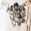 Breathable floral voile pleated scarf for women with elegant navy flower print - 80*80cm / Teal