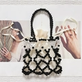 Handmade black beaded tote bag with a cream satin drawstring pouch for women - Black