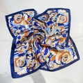Vintage floral satin square scarf with deep blue borders on marble background - 60*60cm / Royal Blue