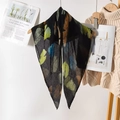 Detail of pleated black scarf with colorful leaf prints and lightweight crinkle texture - 80*80cm / Black