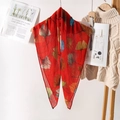 Detail of red pleated scarf with ginkgo leaf print hanging on a wooden hanger - 80*80cm / Green