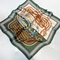 Green and cream satin square scarf with chain equestrian print on marble background - 70*70cm / Green