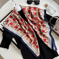 90cm elegant silk scarf with red and blue letter print and geometric pattern design - Red