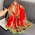 Eleganter übergroßer Schal mit roten Blumen aus leichtem Chiffon und grünem Saum - 135*180cm / Rot Druck