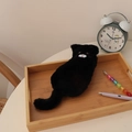 Detalle del estuche de peluche de gato negro sobre una bandeja de madera decorativa - Negro