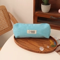 Macro shot of light blue corduroy pencil case with monster patch on wooden desk - Blue