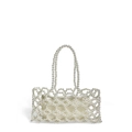 Elegant white handmade pearl beaded handbag with woven hollow design and fabric liner - White