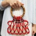 Handmade woven beaded handbag with natural bamboo handle and red bead patterns - Red (Bamboo Handle)