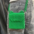 Handmade bright green beaded crossbody bag with cat ear shape and matching strap - Green
